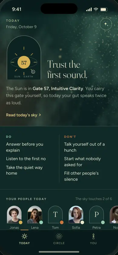 The Today tab: today's sky, do and don't, and your people